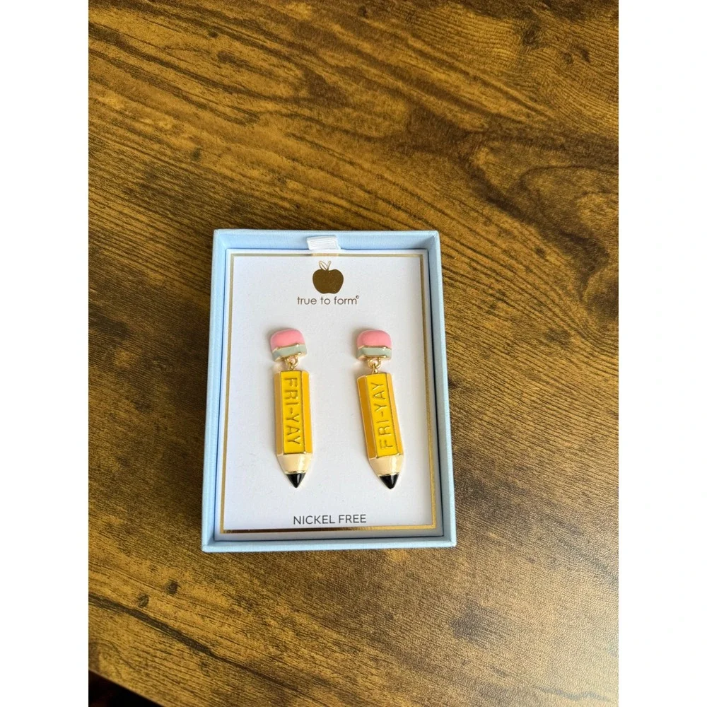 True to Form Teacher Pencil Drop Earrings FRI-YAY Enamel Nickel Free Box